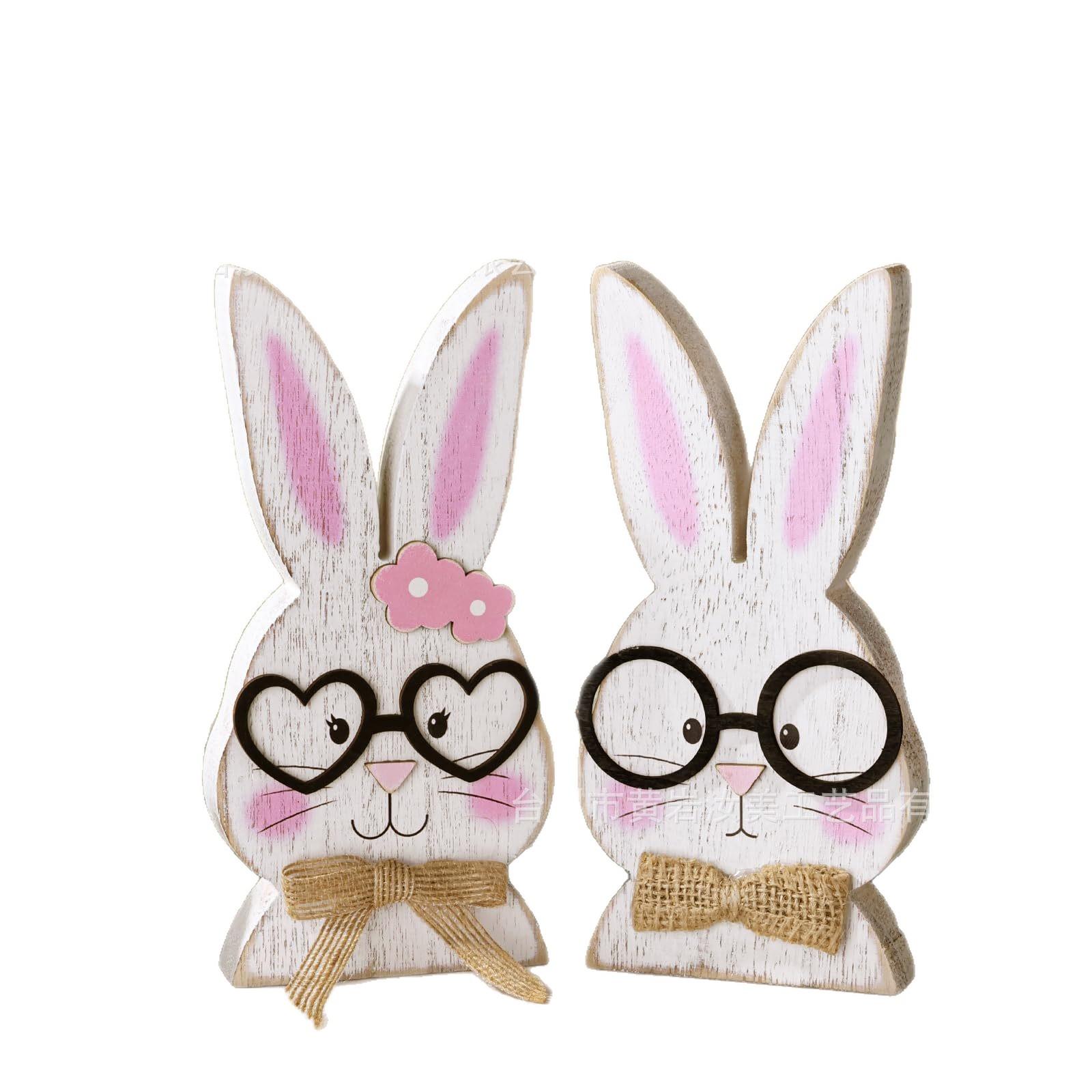1Set Easter Bunny Rabbit Wooden Ornament Wearing Glasses Couple Rabbit Ornament Nordic Style Home Decoration Party Gift