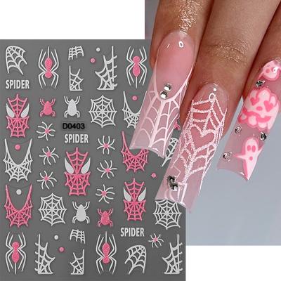 Caveira Rosa com Glitter Halloween Adesivo 3D para Unhas 10X8cm Estilo Fantasma Morcego Teia de Aranha Decalques de Unhas DIY Decoração de Manicure de Inverno