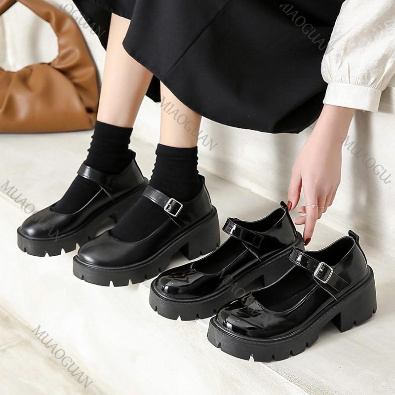 Fashion Round Head Mary Jane Shoes Women Thick High Heeled Japanese College Style Pumps Single Shoe Platform Retro Leather Black Loafers