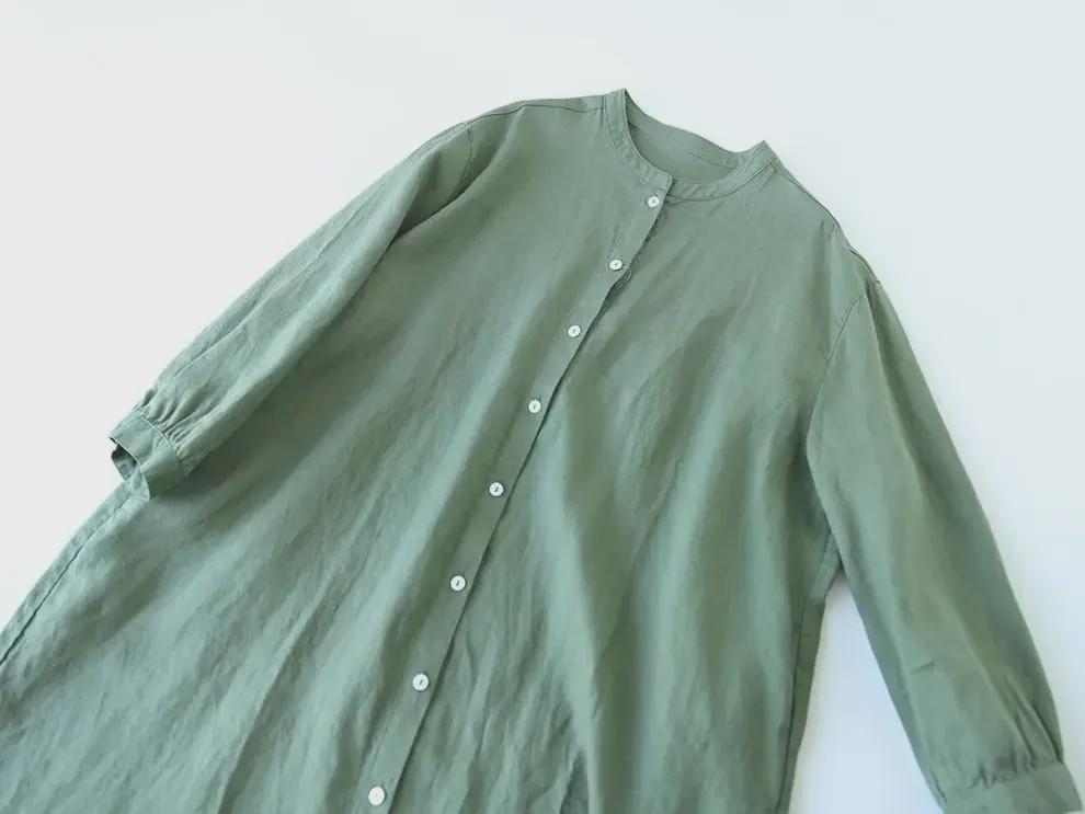 Japanese Style Stand-Up Collar Linen Shirt Dress - Loose Fit