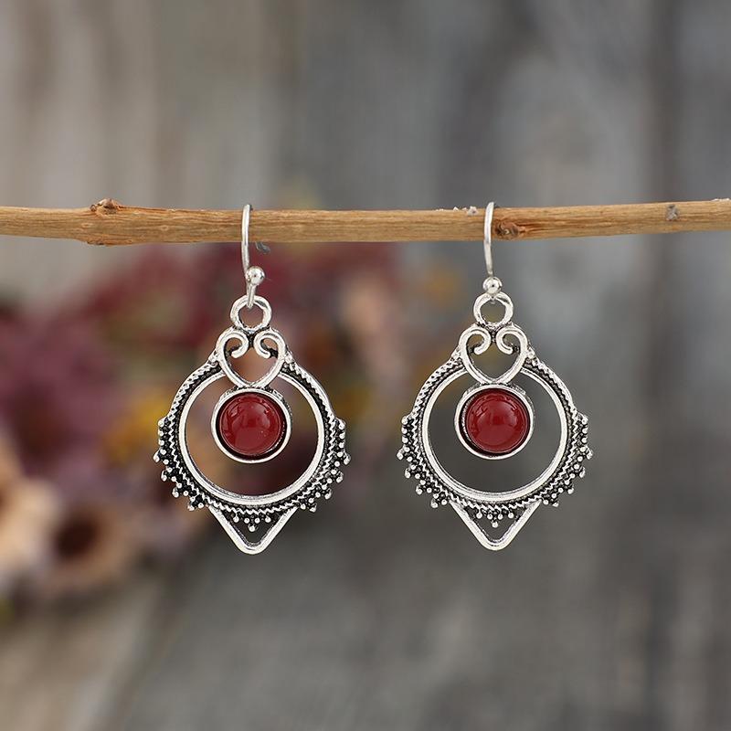 

Ethnic Copper Color Round Red Stone Earrings Vintage Metal Geometry Carving Heart Pattern Dangle Earrings for Women Zircon