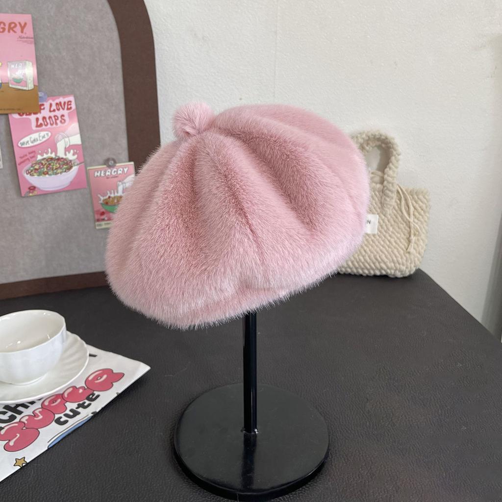 Women Fluffy Fur Beret Cap Solid Color Plush Warm Octagonal Hat For Lady Female Casual Anti-Cold Mink Velvet Pumpkin Hats