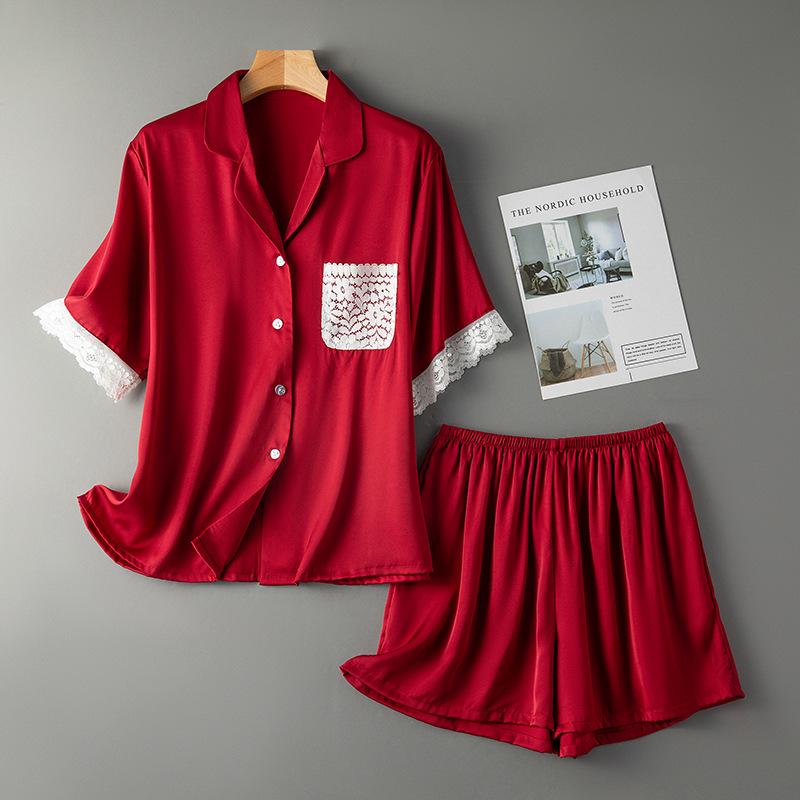 Nude Pink Silk Satin Women's Pajama Set - Short Sleeve & Shorts with Lace Trim