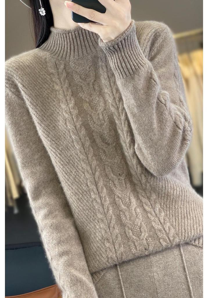Chunky Knit Cable Wool Sweater - Half-High Neck, Textured, Elegant Autumn/Winter Outerwear