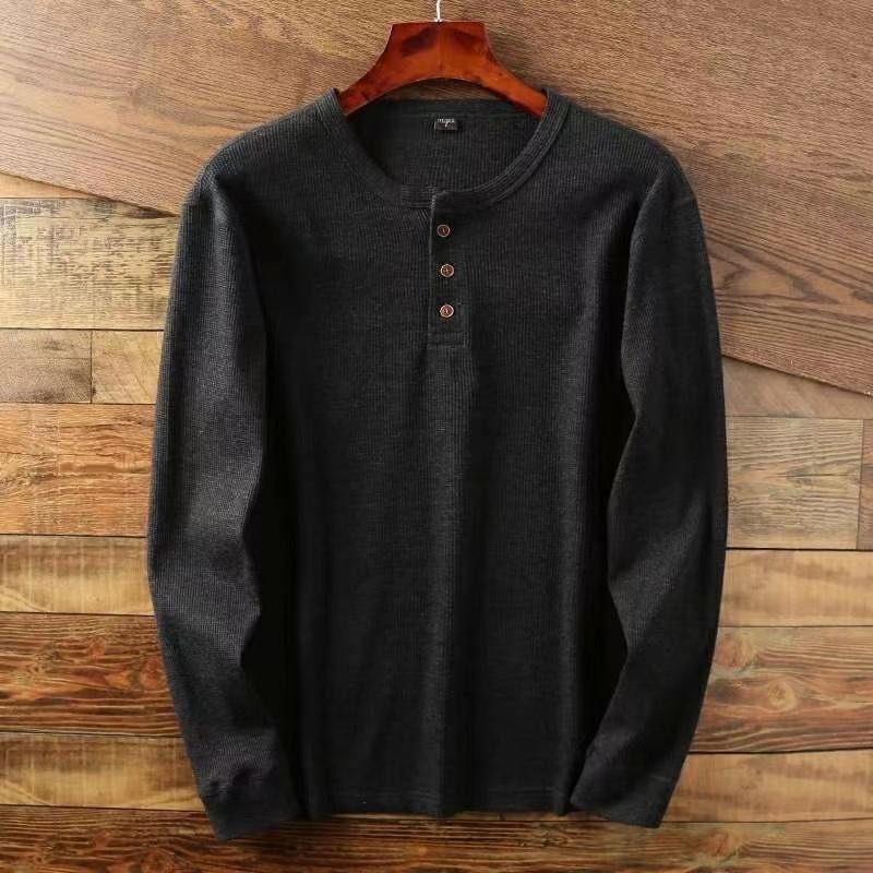Slim Fit Men's Basic Tee Casual T-shirts Waffle Long Sleeve Shirts Thermal Solid Half Button Breathable Cotton Shirts