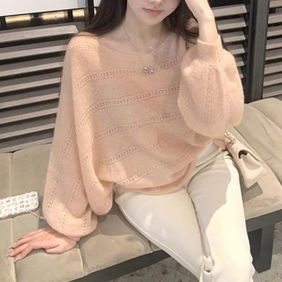 New Fashion Crew Neck Loose Hollow Out Sweater Autumn New Lantern Sleeve Knitted Office Casual Knitwear Top Thin Simple Clothing