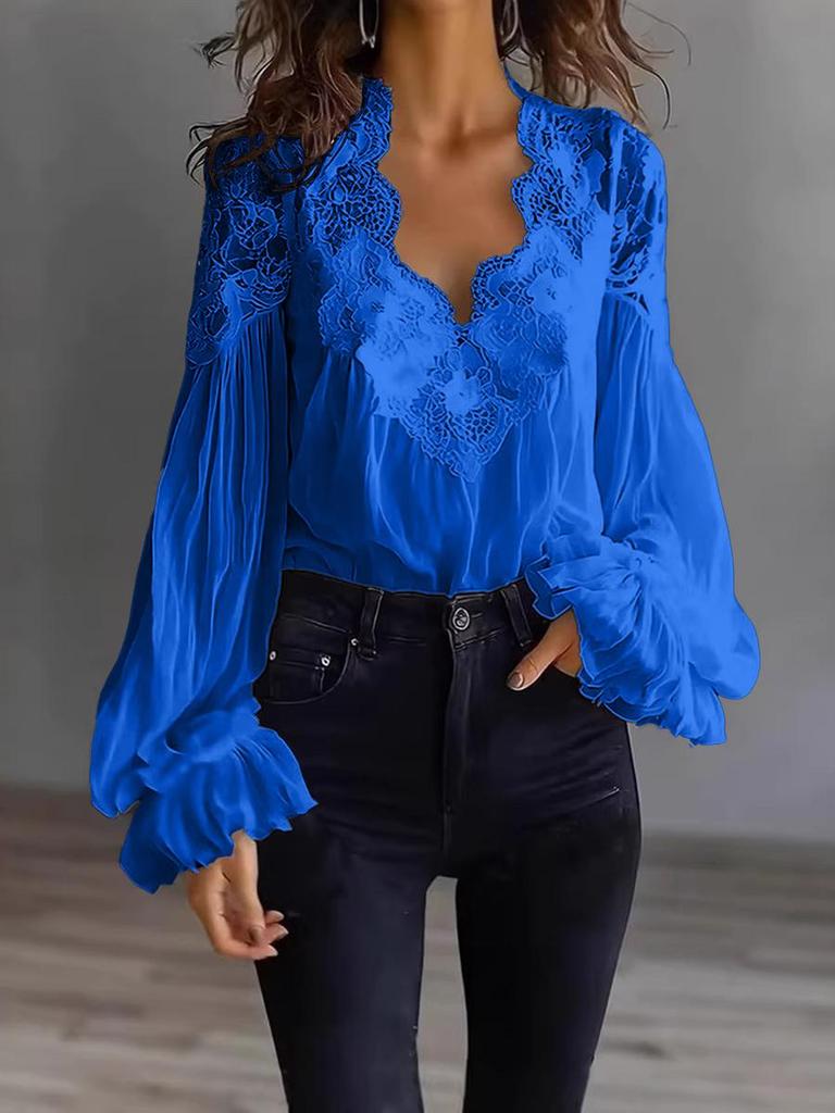 Women's Lace Patchwork Bubble Sleeve Ruffled Shirt