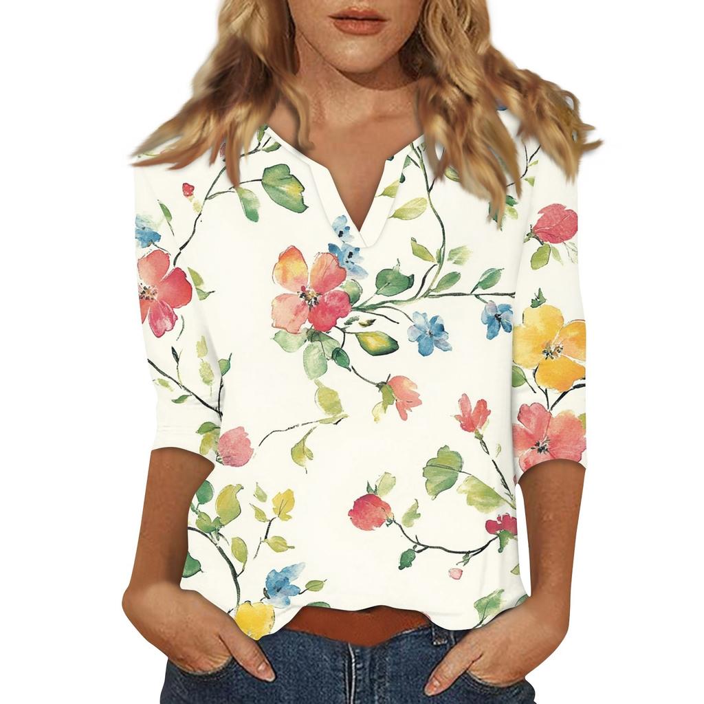 Women's Stand Collar 3/4 Sleeve Printed Top T-shirt