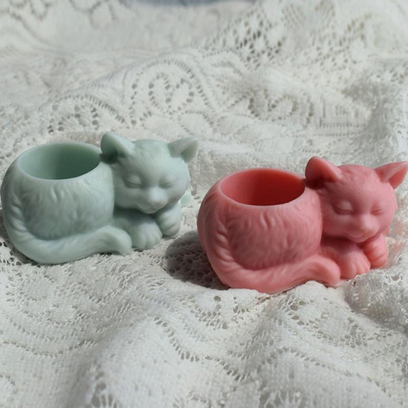 Sleeping Cat Candlestick Resin Mold Cat Planter Pot Mold Silicone Mold DIY Soap Making Aromatherapy Mould Decorations