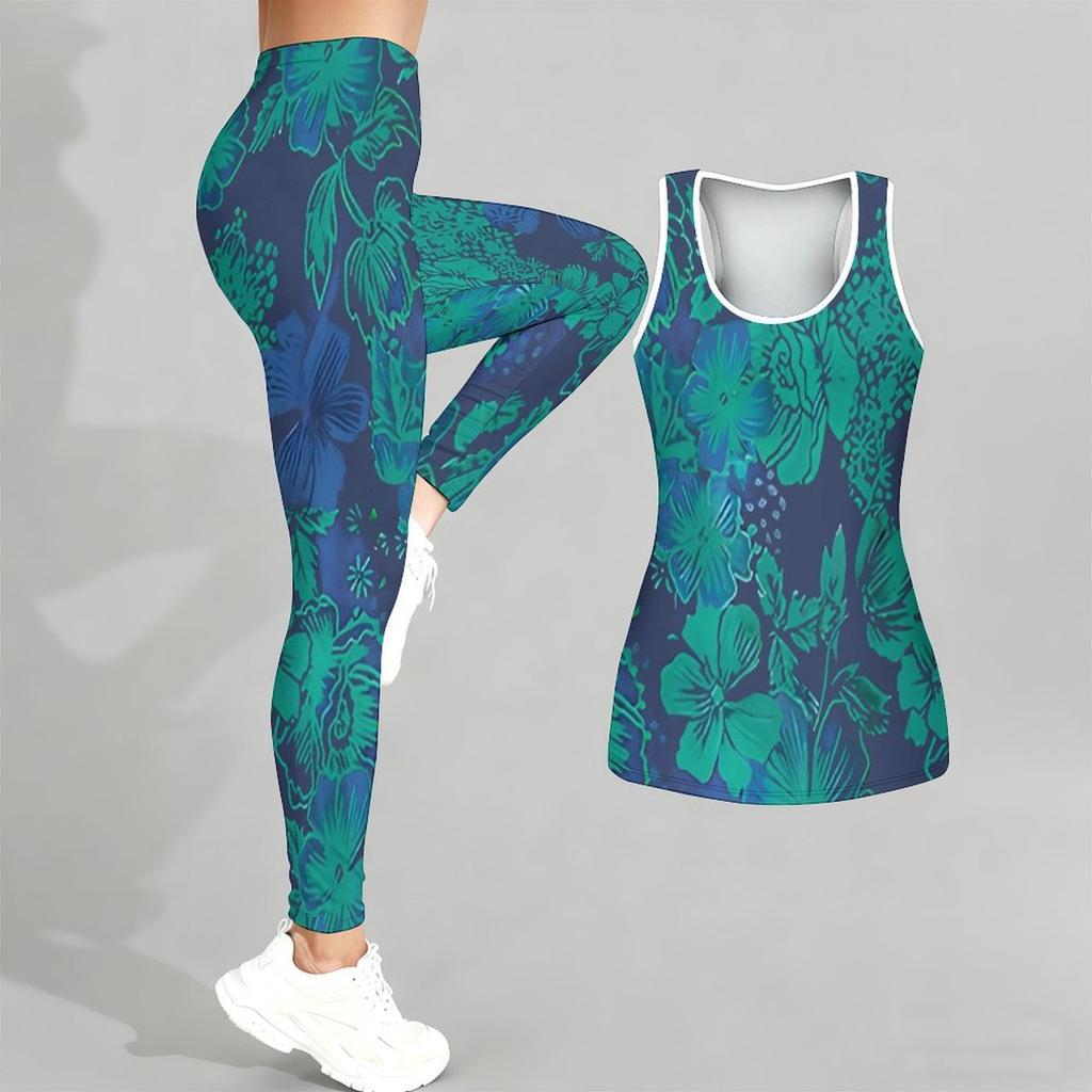 Retro Flower Printed Yoga Outfit for Women Fashion Workout Leggings Fitness Sports Casual Yoga Set Sports Suit