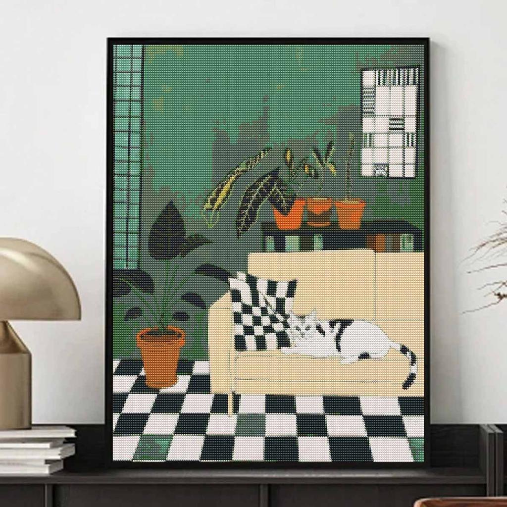 Diamond Painting Kit Full Diamond Round Mosaic Cozy Living Room Cat Sofa Plants Checkerboard Home Decor Gift