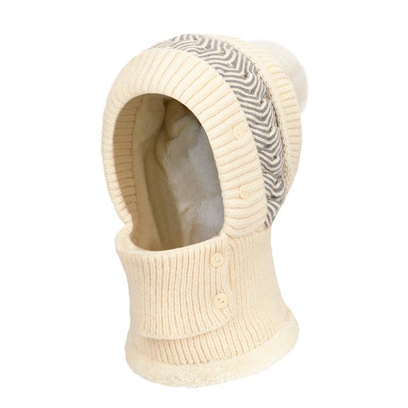 

Зимняя теплая шерстяная шапка для защиты лица, женская, для велоспорта, для защиты от холода, с защитой ушей, вязаная, интегрированная с шеей. бежевый