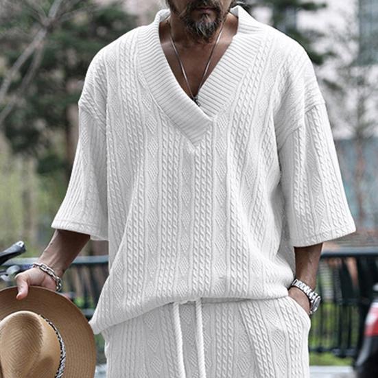 Men T-shirt V-Neck Short Sleeve Twist Jacquard Texture Tee Shirt Solid Color Loose Fit Summer Knitting Tops