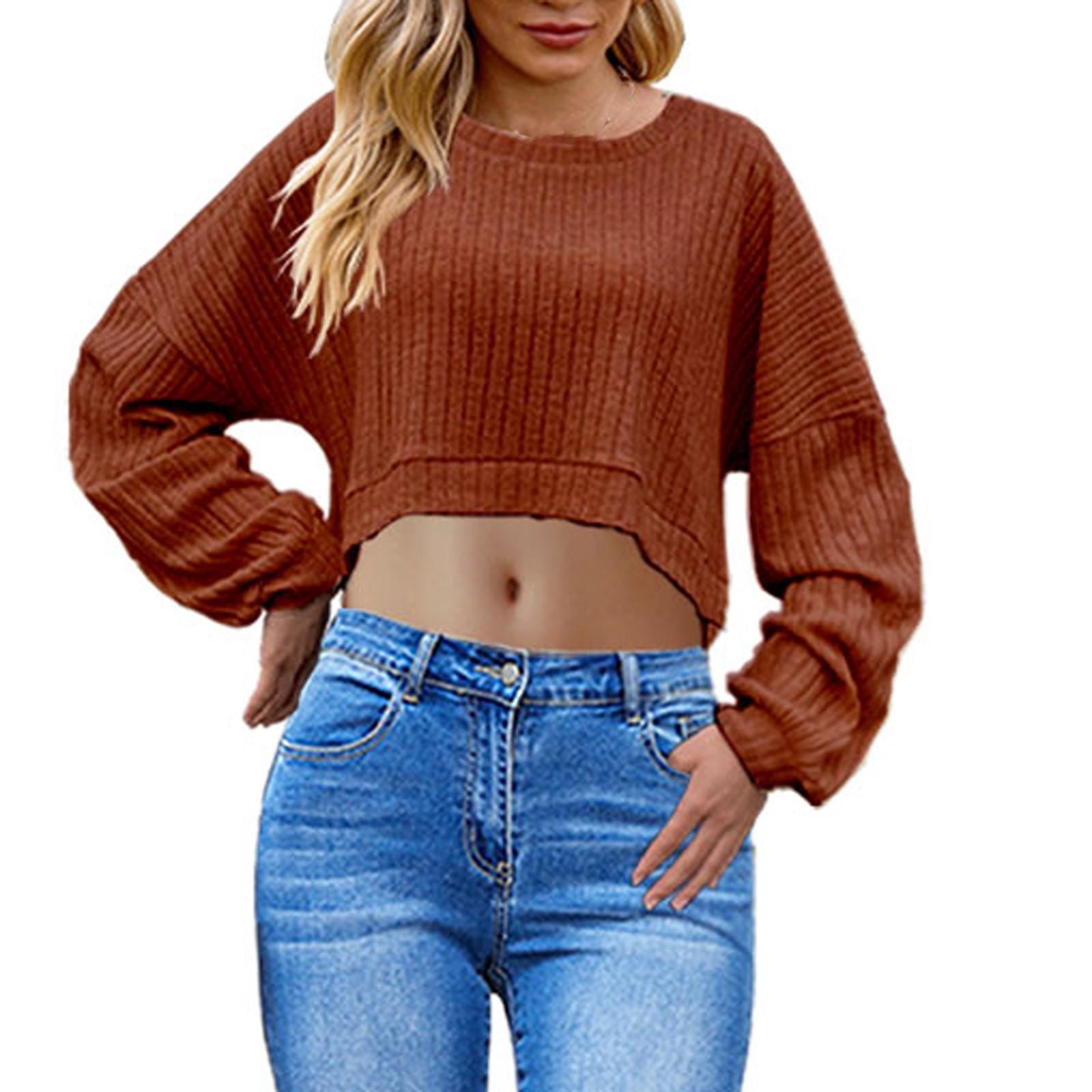 

Женская мода повседневная шерстяная полосатая трикотажная укороченная футболка с длинным рукавом XL винный