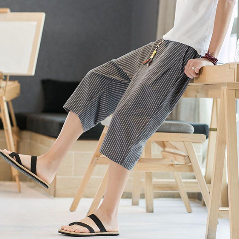 Cropped Pants Men's Loose Summer Thin Striped Casual Pants Trendy Sports Mid-pants Men's Shorts