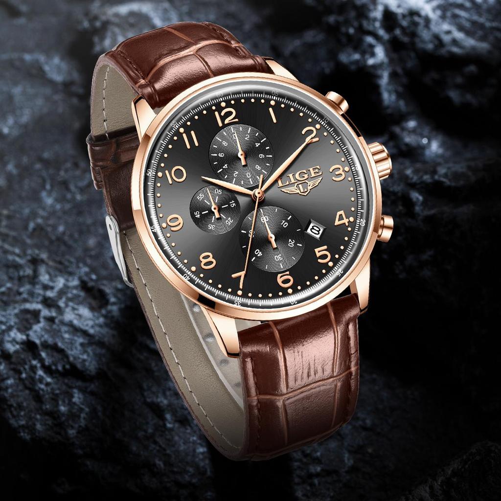 LIGE TOP Pánské hodinky Ležérní Business Vodotěsné hodinky Jednoduché Kožené Kalendář Pánské Křemenné hodinky