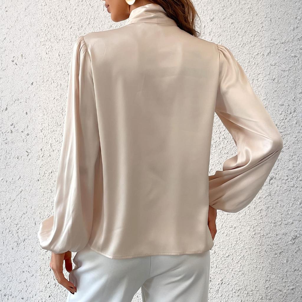 Women's Fashionable Color Round Neck Long Sleeved Lace Bow Casual Versatile Shirt Top