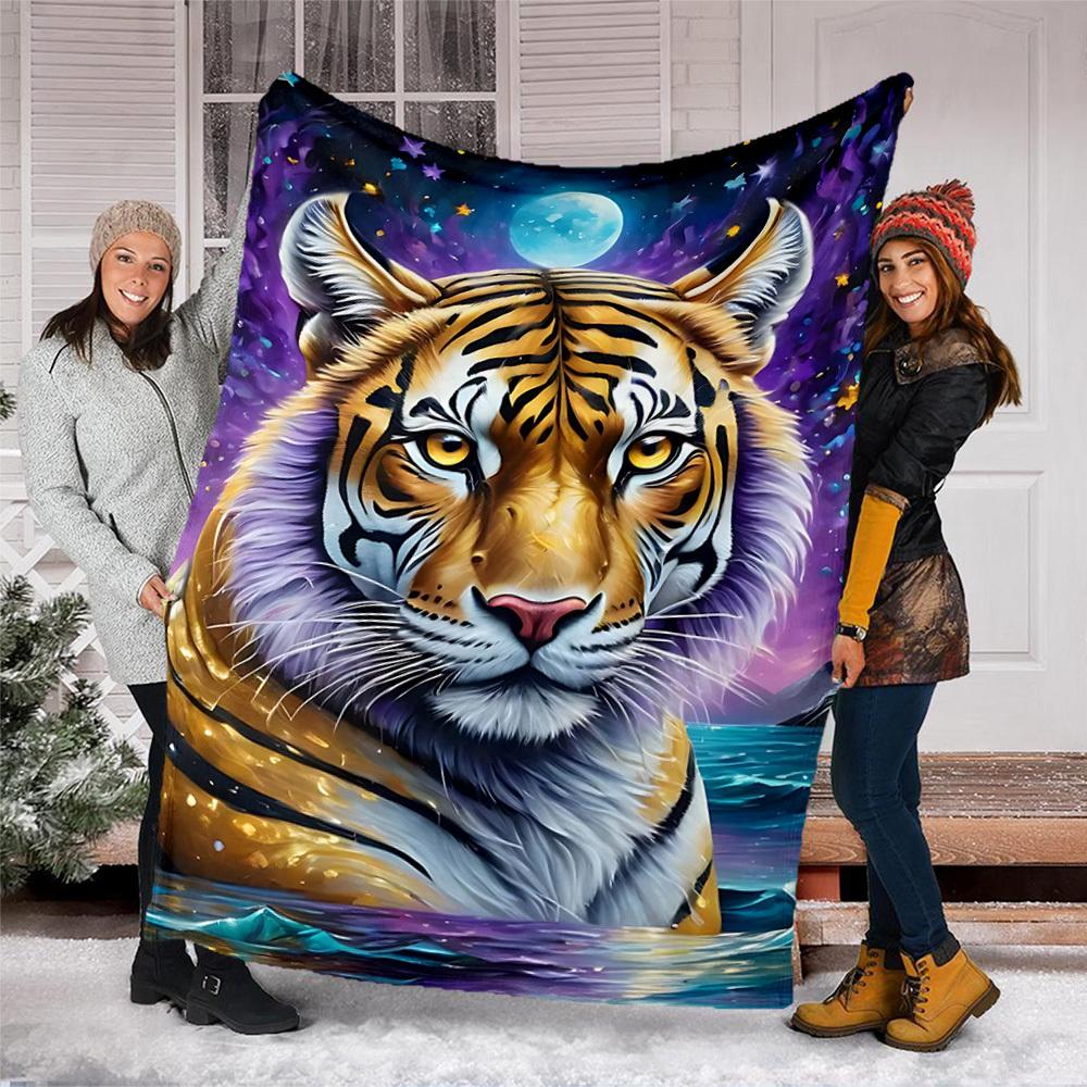 1pc Tiger Moon Night Throw Blanket Polyester Fiber, Lightweight Flannel, Soft & Warm, All Season Use for Outdoor, Camping