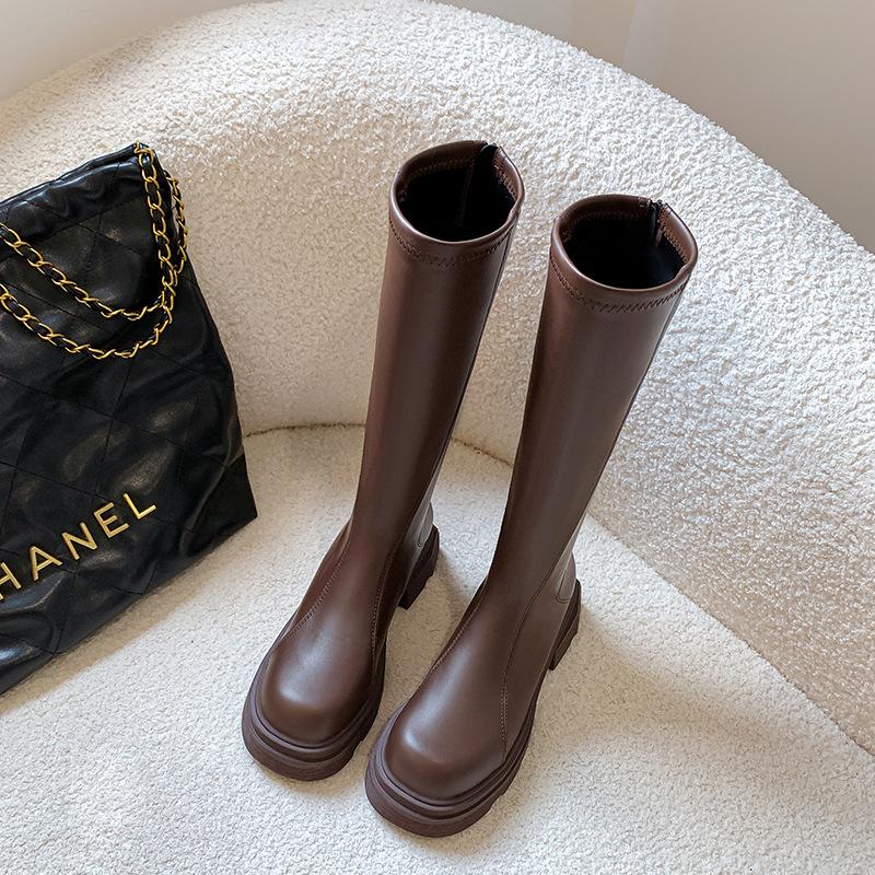 Thick heel thick sole retro boots women's 2025 autumn and winter new rear zipper high boots long boots elastic thin boots
