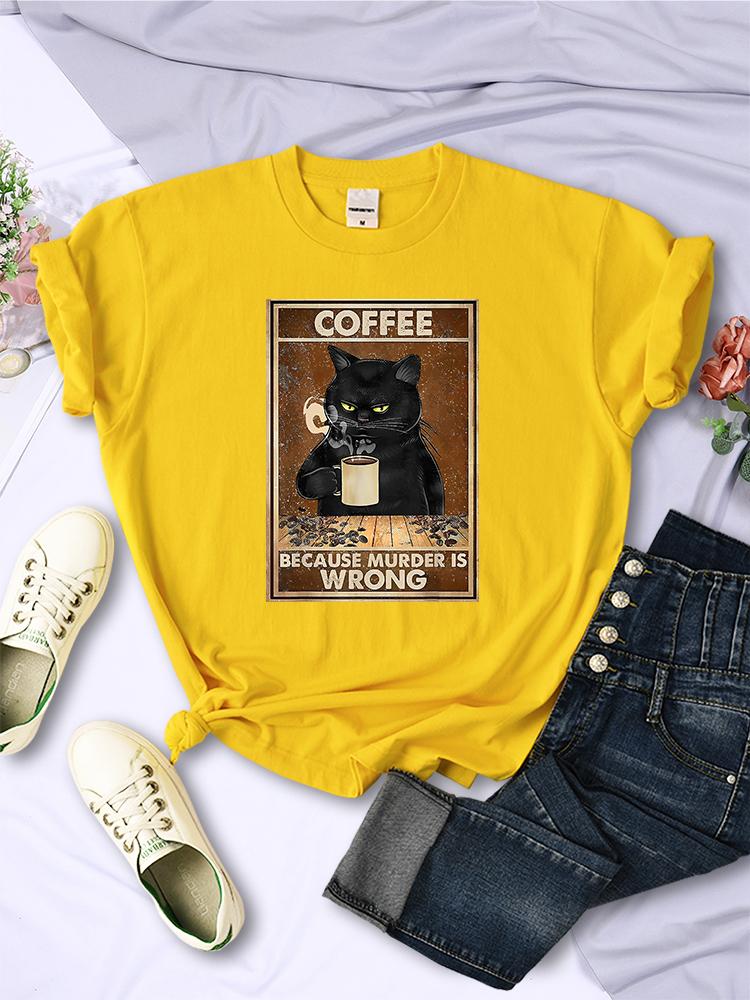 Ponieważ Morderstwo Jest Złe Czarny Kot Pije Kawę Damski T-shirt Odzież Okrągły Dekolt Vintage Krótki Rękaw Osobowość Casual Damskie Koszulki