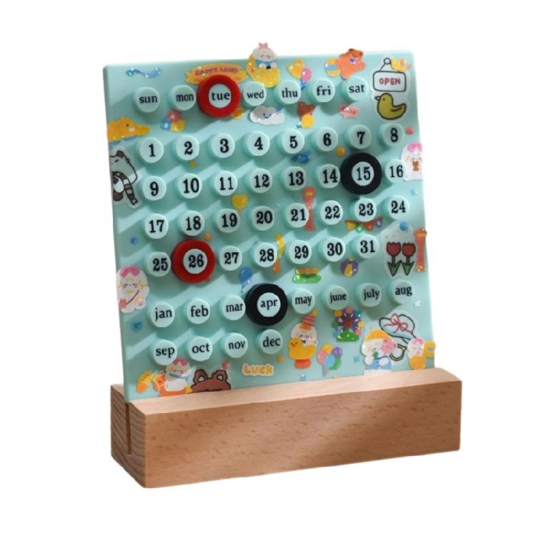 Desktop Permanent Calendar with Wood Stand ABS Permanent Countdown Calendar with 3 Rings for Office Desk Date Reminder