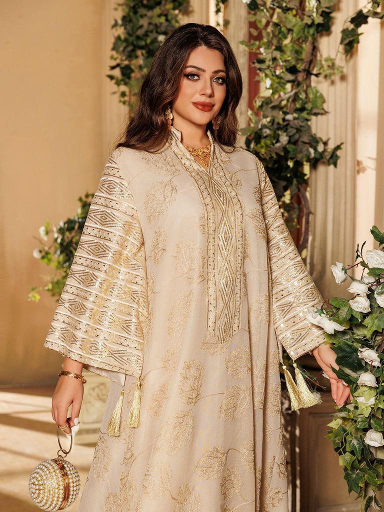 AB423 Plus Size Women's Embroidered Sequin Robe Dress - Middle Eastern, European, American Style