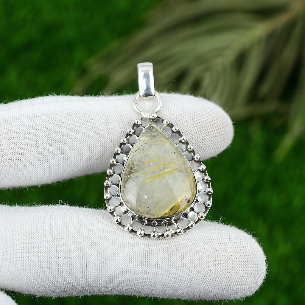 Gift For Women Pendant 925 Sterling Silver Natural Golden Rutile Gemstone
