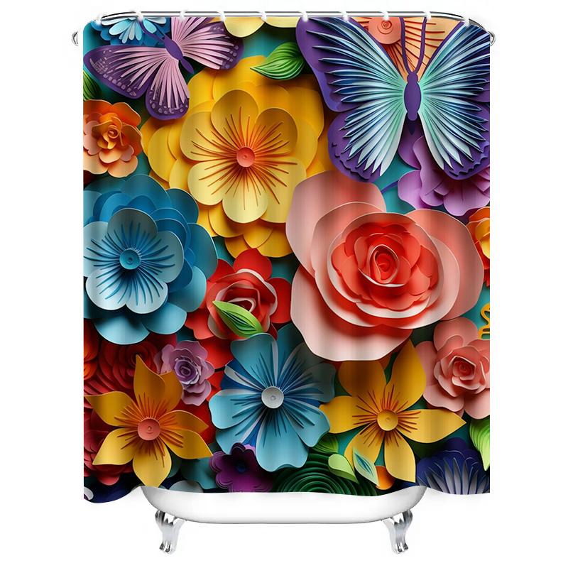 Vibrant 3D Paper Flower and Butterfly Design Waterproof Shower Curtain for Modern Bathroom Decor, Stylish and Durable