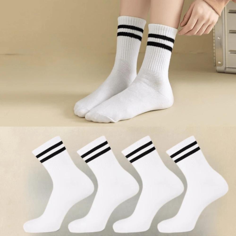 4 Pairs Women Mid Length Socks Simple Versatile Casual Black White Striped Breathable High-Quality Casual Round Neck Socks