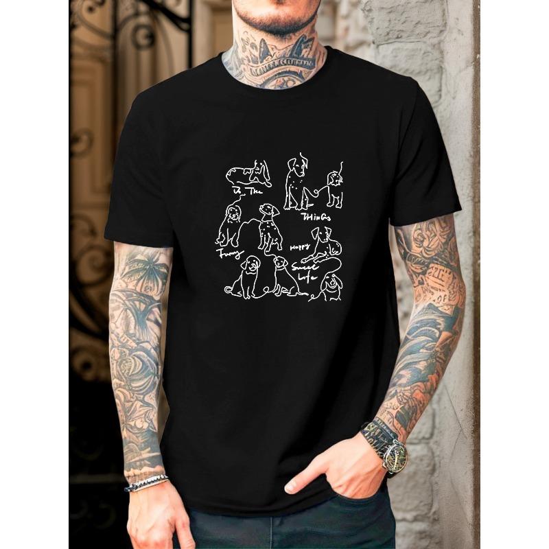 Men'S Summer Casual Short-Sleeve T-Shirt Featuring a Cute Dog Design Outlined with Lines