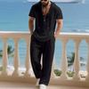 Autumn Casual Linen Hooded Short Sleeve Henley Shirt with Long Pants Set for Men