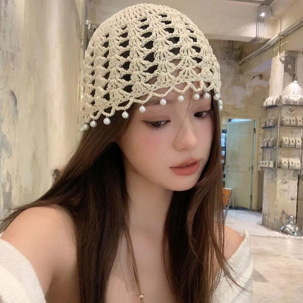 Fashion Hollowed Out Knitted Hat Pearl Fringed Breathable Beret Cap Round Beads Woven Hat For Women