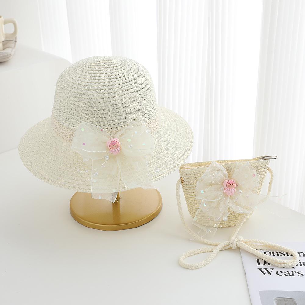 Girls' Lace Bow Sun Protection Straw Hat – Summer Outdoor Beach Bucket Hat