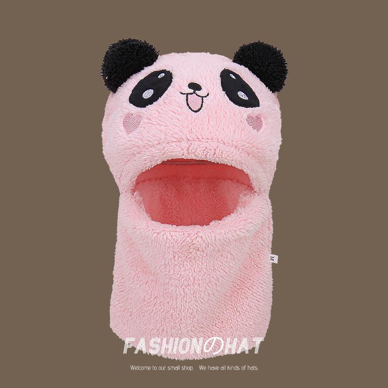 Children's Panda Embroidered Scarf Hat Integrated Plush Hat Baby Ear Protection Hat Boys and Girls Outdoor Warm Parent-child Hat