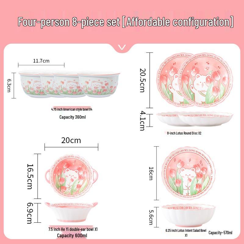 Cute Cartoon Ceramic Dinnerware Set: Bowls, Plates, and Chopsticks for Single Person