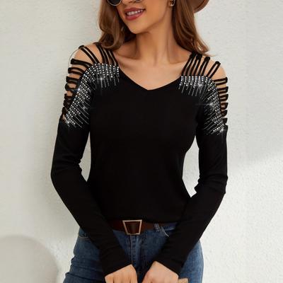Women Fashion Lace Patchwork Rhinestone V Neck Hollow Out Long Sleeve T Shirt Top