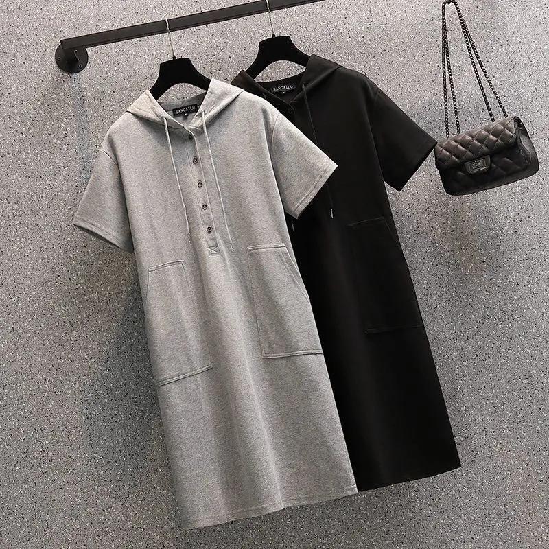 Summer Solid Color Hooded Casual Plus Size Dress Short-sleeved T-shirt Skirt Mid-length Skirt
