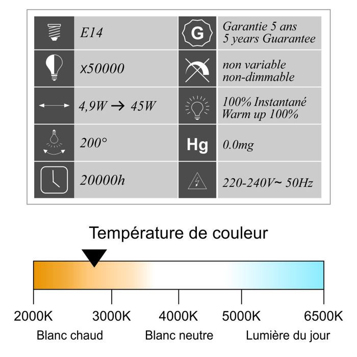 Lot de 2 ampoules LED E14 4,9W 470Lm 2700K - garantie 5 ans