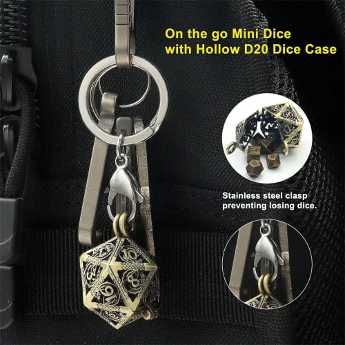 Sada mnohostěnných kostek, Kovová sada kostek D&D, Bronzová dutá sada kostek D20 s pouzdrem na kostky-náhrdelníkem, Starožitná drobná kovová sada kostek pro D&D, Přenosné hraní rolí