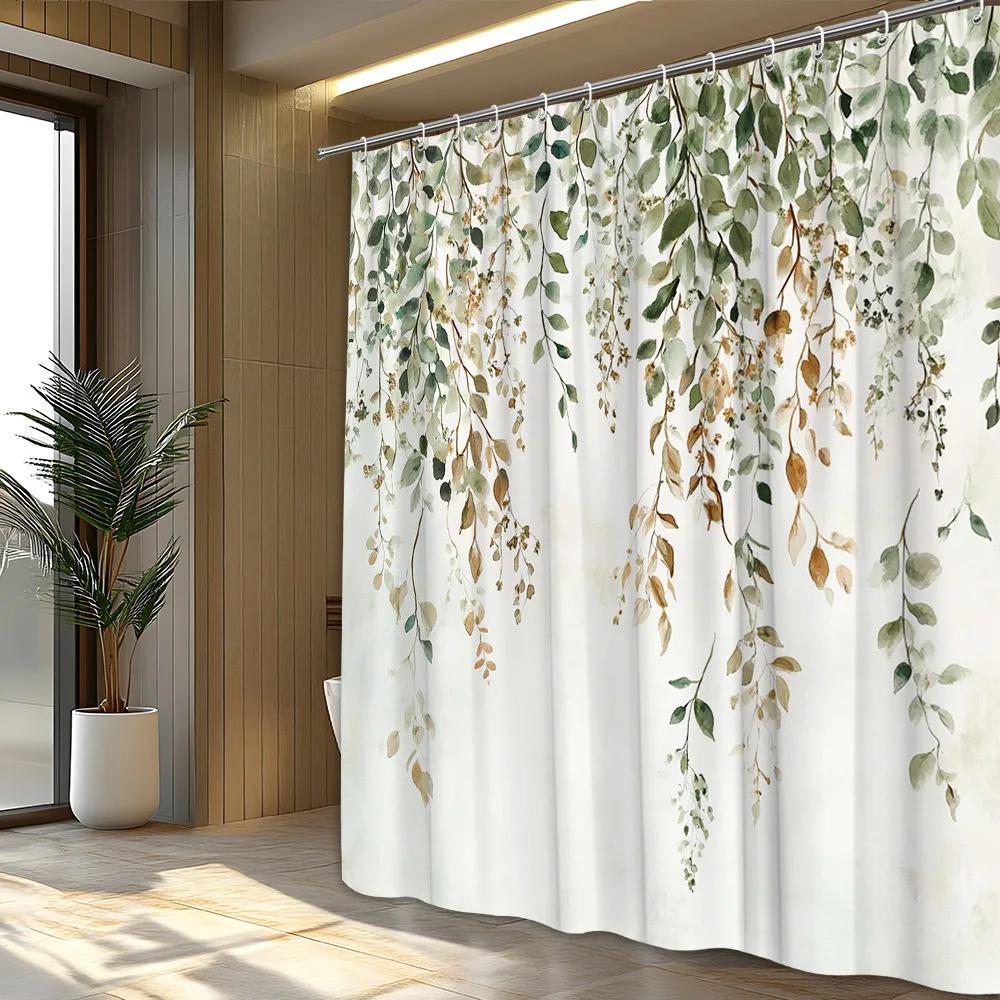 1 Watercolor Floral Shower Curtain - Cascading Green, Brown, Tan Leaves and Small Flowers On a Cream Background with Hook