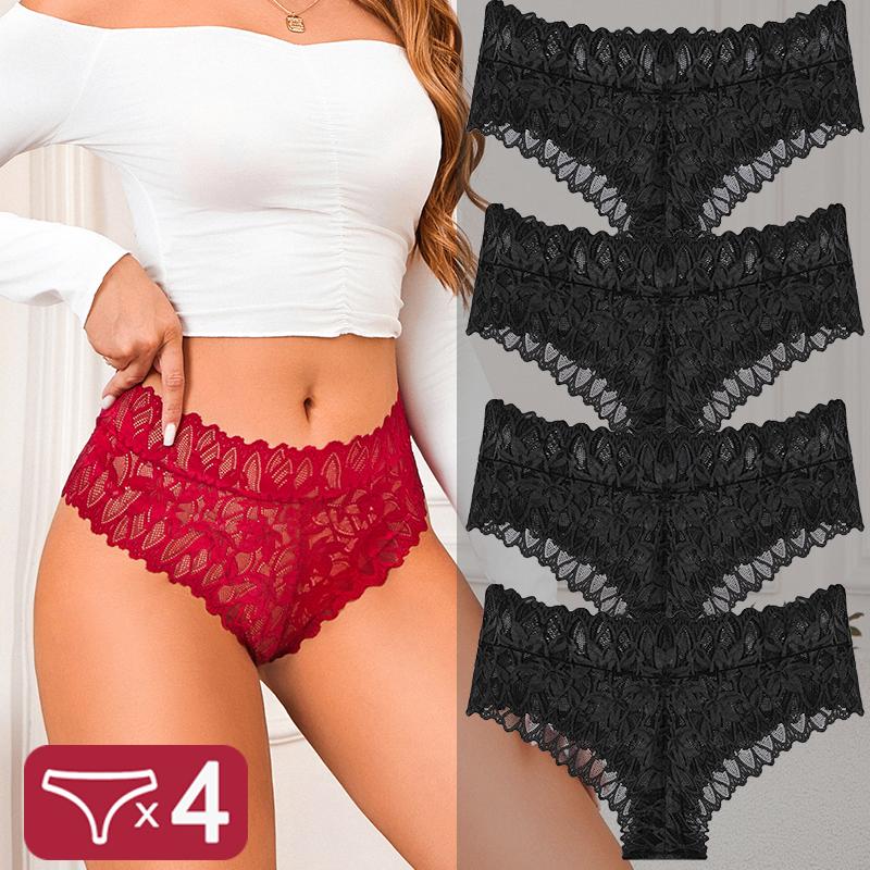 4PCS Women Floral Lace Panties Sexy Perspective G-String High Waist Solid Color Underpants Female Breathable Intimates Lingerie