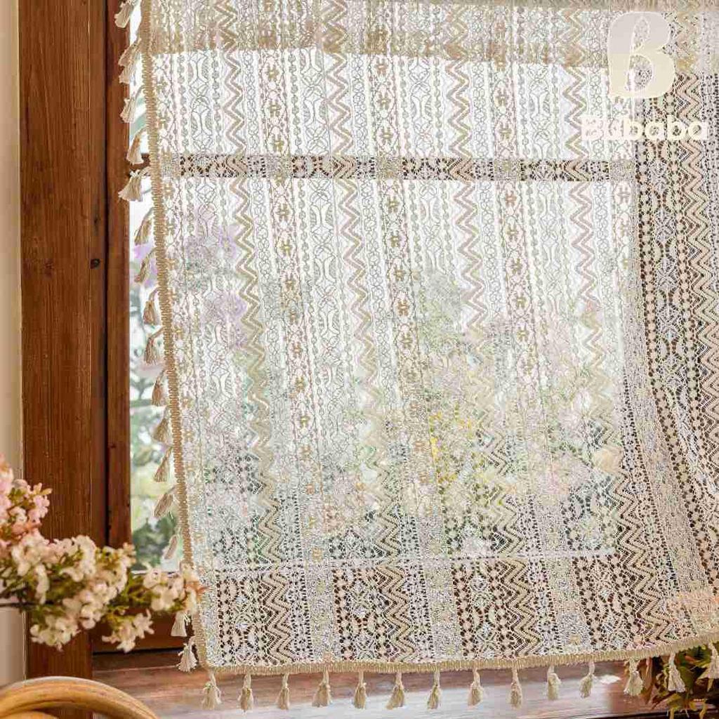 Bu Baba American Hollow Tassel Gauze Curtain for Bedroom Bay Window or Door, Finished Short Curtain.