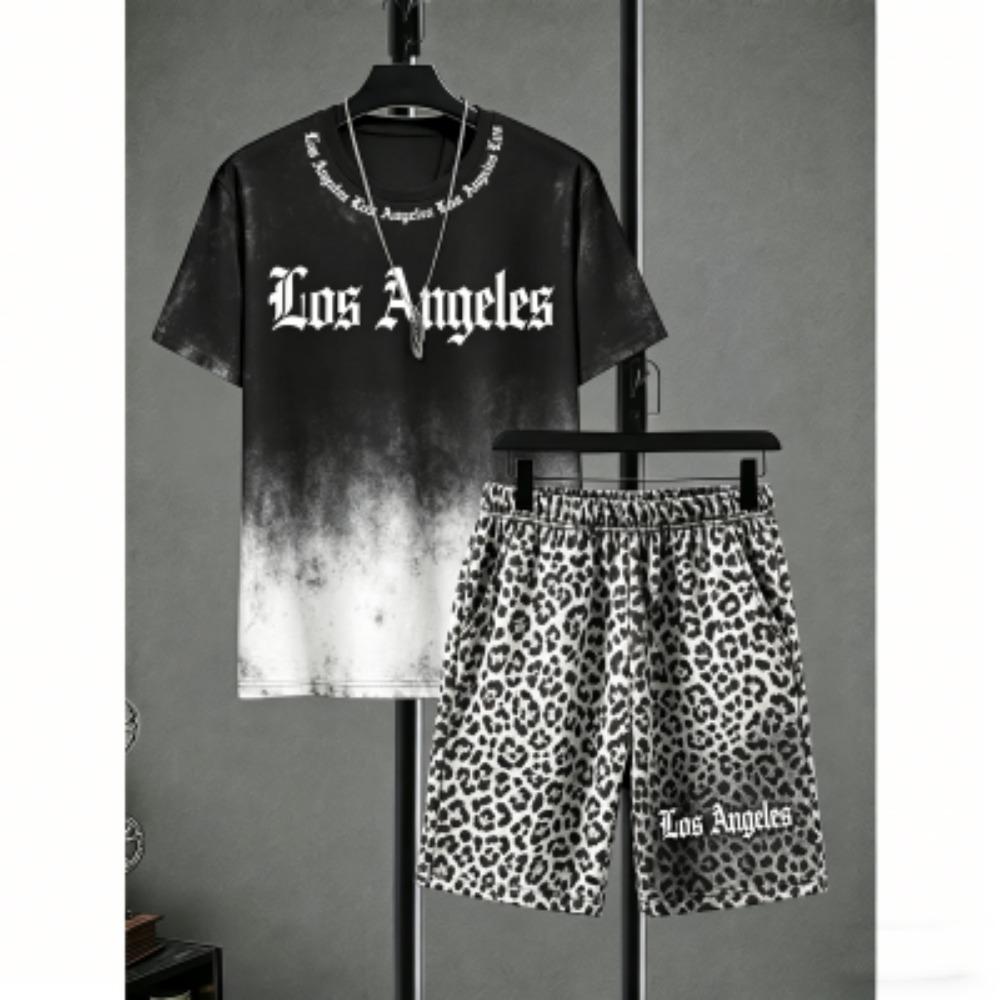 Men's Set Letter Leopard Printed Men's T-shirt and Shorts 2 Piece Set Summer Casual Outdoor Plus Size Men's and Women's T-shirt Sets
