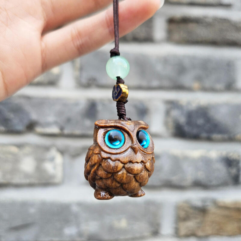 Wood Owl Lucky Wealth Safety Prayer Keychain