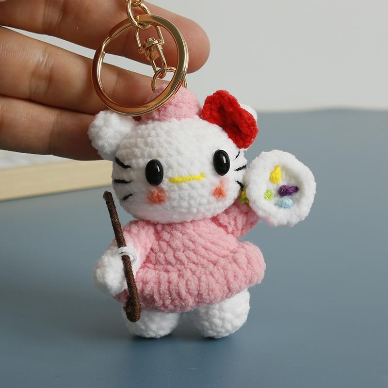 Süße Geburtstagskatze Handgefertigt Gewebt Strickgarn Schlüsselanhänger Wollfaden Haken Weben Häkeln Puppe Dekoration Kreatives Geburtstagsgeschenk white