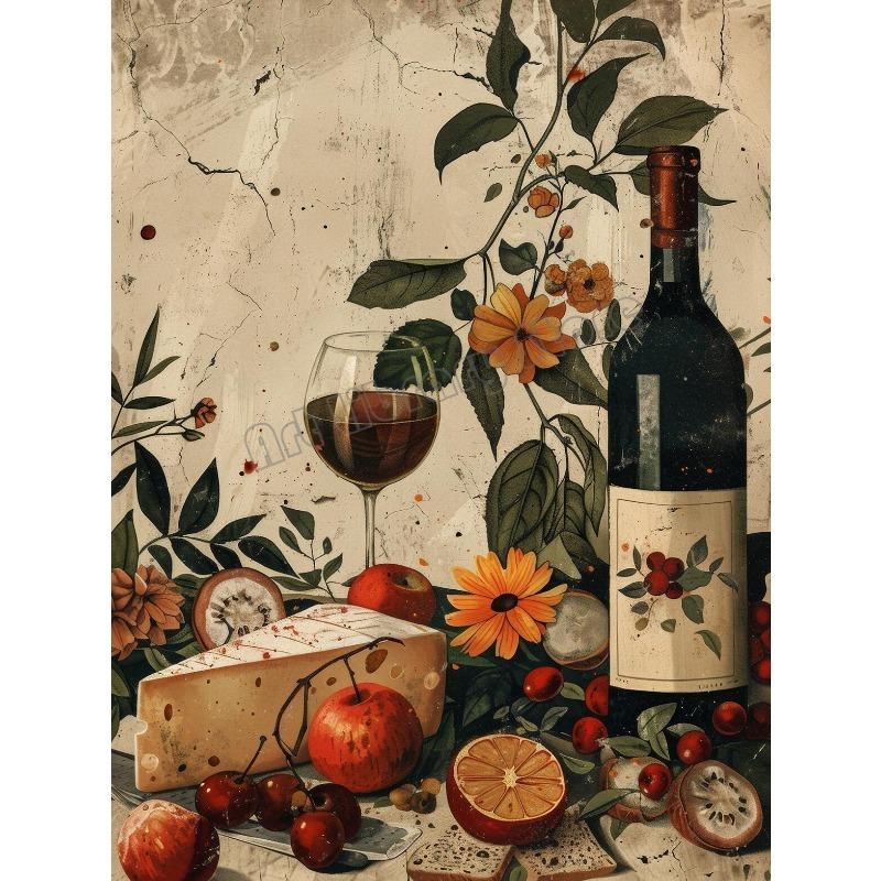 Vintage Wine Barrels and Wine Fountain Dinner Party Food Illustration Poster Canvas Painting Wall Pictures Home Wine Shop Decor