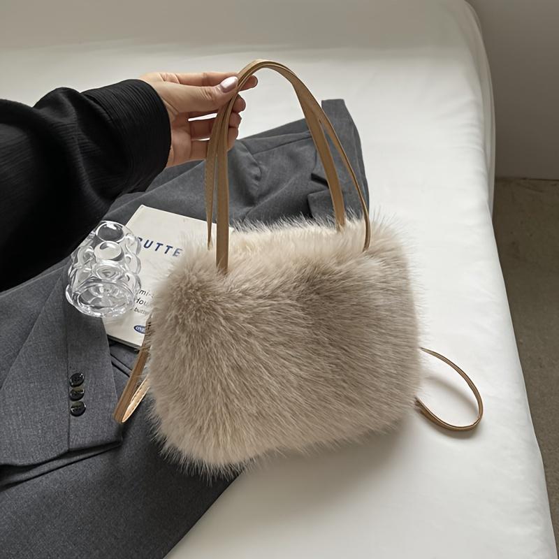 Ultra-Soft faux fur Winter Warm Handbag with Detachable Strap Solid Color Versatile Handbag for Everyday Use, Purse