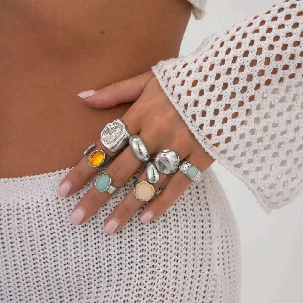 Salircon 7Pcs/Set Trendy Colorful Crystal Open Rings for Women Luxury Chunky Finger Rings Fashion Banquet Jewelry Accessories
