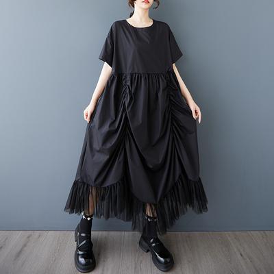 DIMANAF 2025 Women Plus Size Summer Dress Casual Pleated Lace Spliced Dress Basic Vintage Loose Long Dress