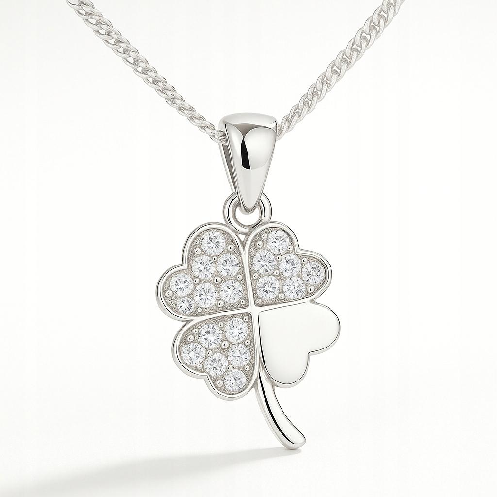 Silver Clover Necklace with Cubic Zirconia Crystal Clover Silver 925